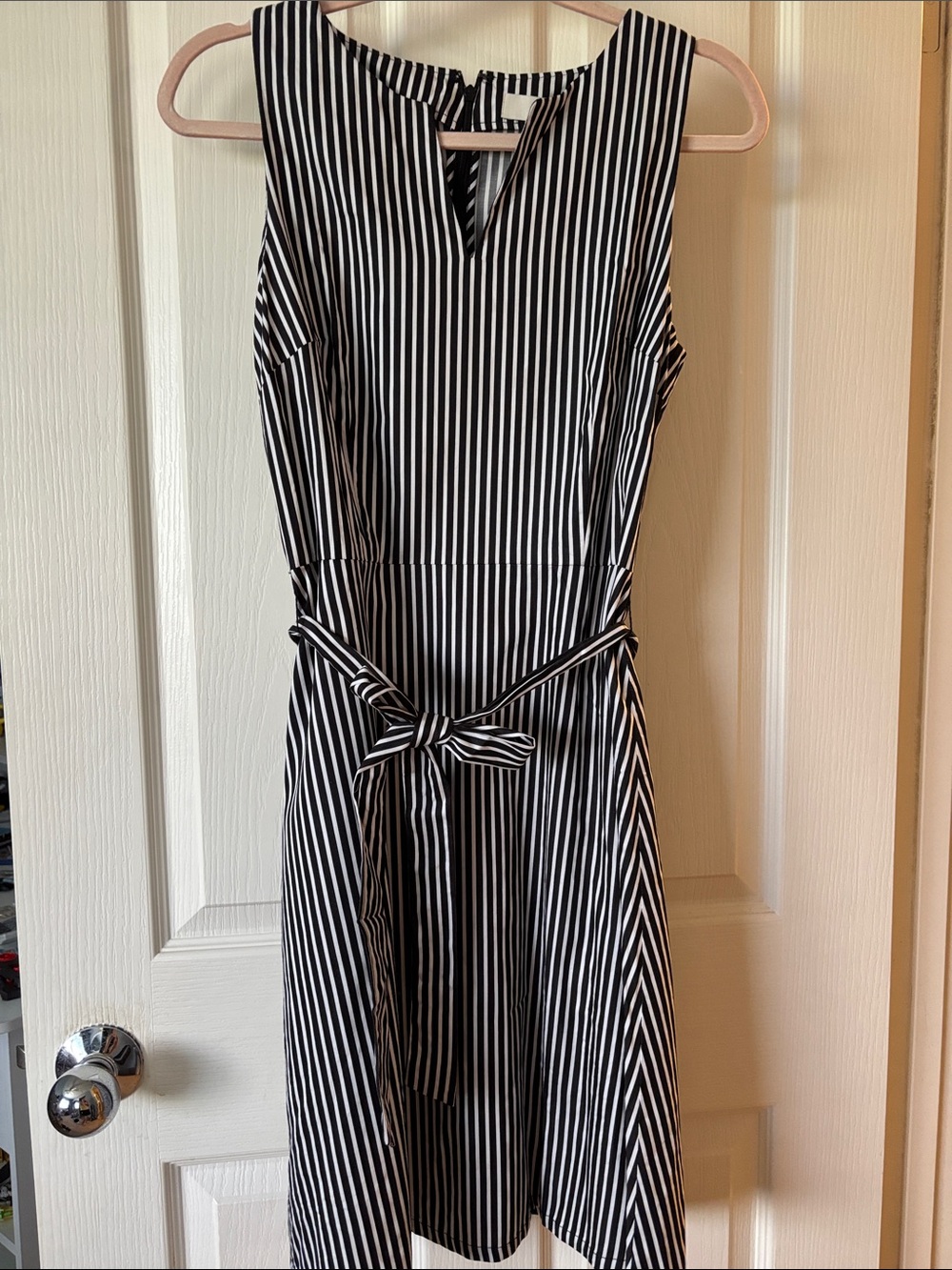 LOFT Black and White Vertical Stripe Midi Dress with Tie Waist